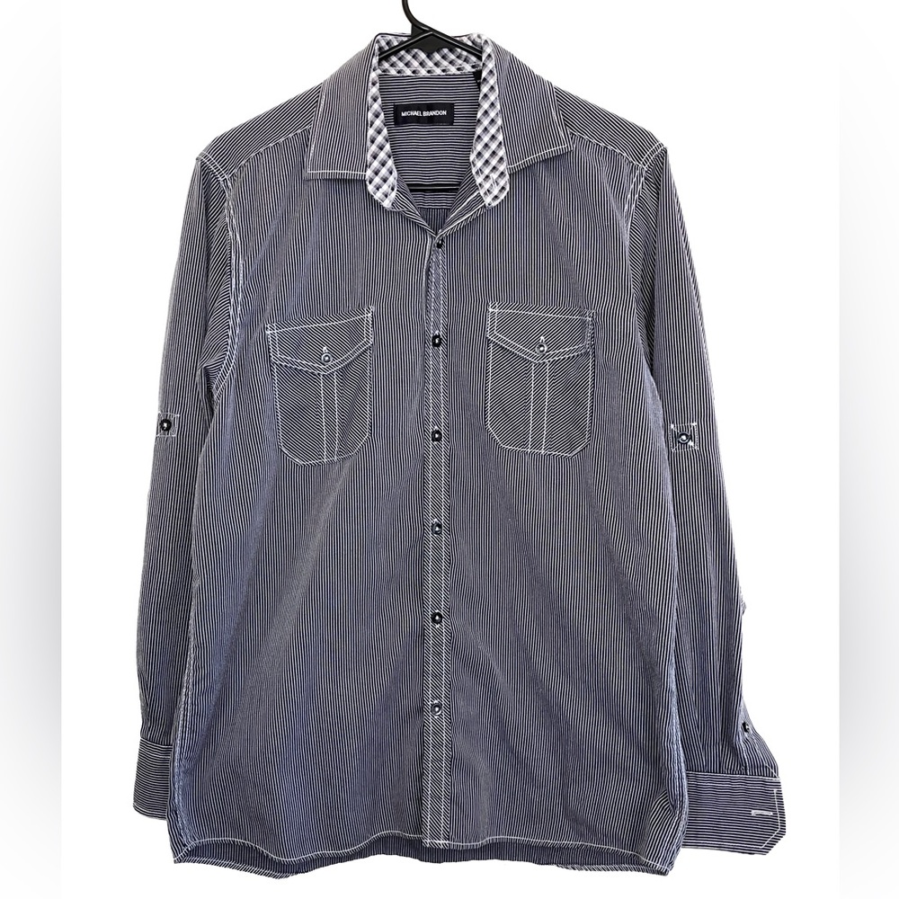 Michael Brandon Black/White Striped Button Up Men’s Long Sleeve Shirt (M)